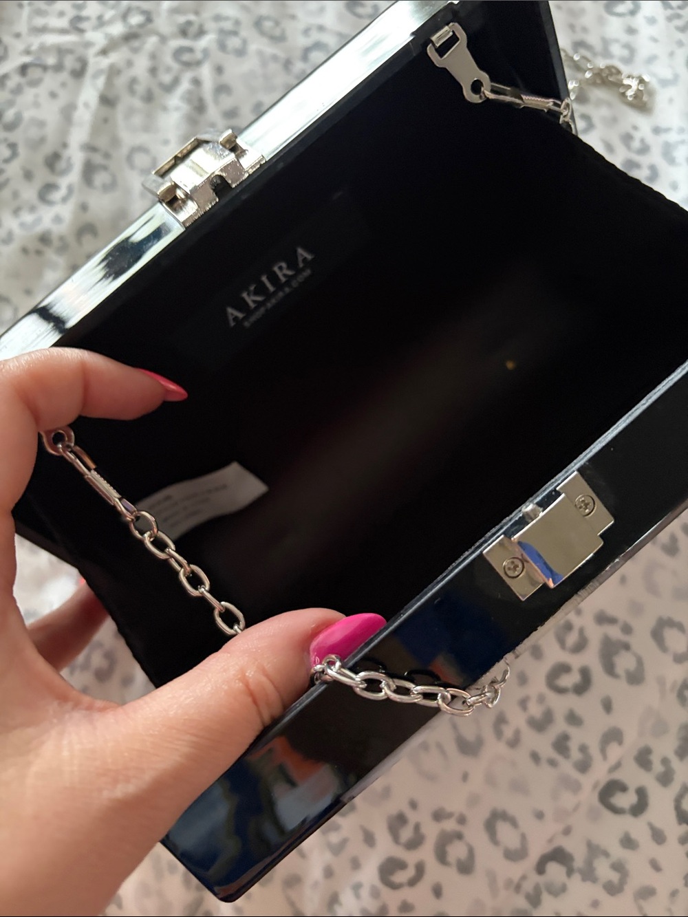 AKIRA Black White Silver Glitter Acrylic Clutch with Chain - Picture 4 of 4
